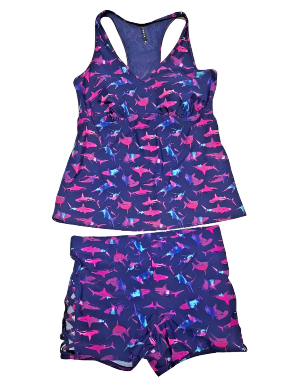 Torrid 1X Navy Shark Print High Rise Swim Short Lattice Side UPF 50 Plus Size - Picture 3 of 7